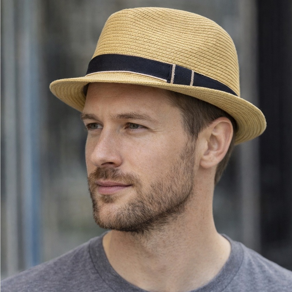 Comhats Straw Fedora Hat Tan Black Band Size M Unisex Trilby Panama Style